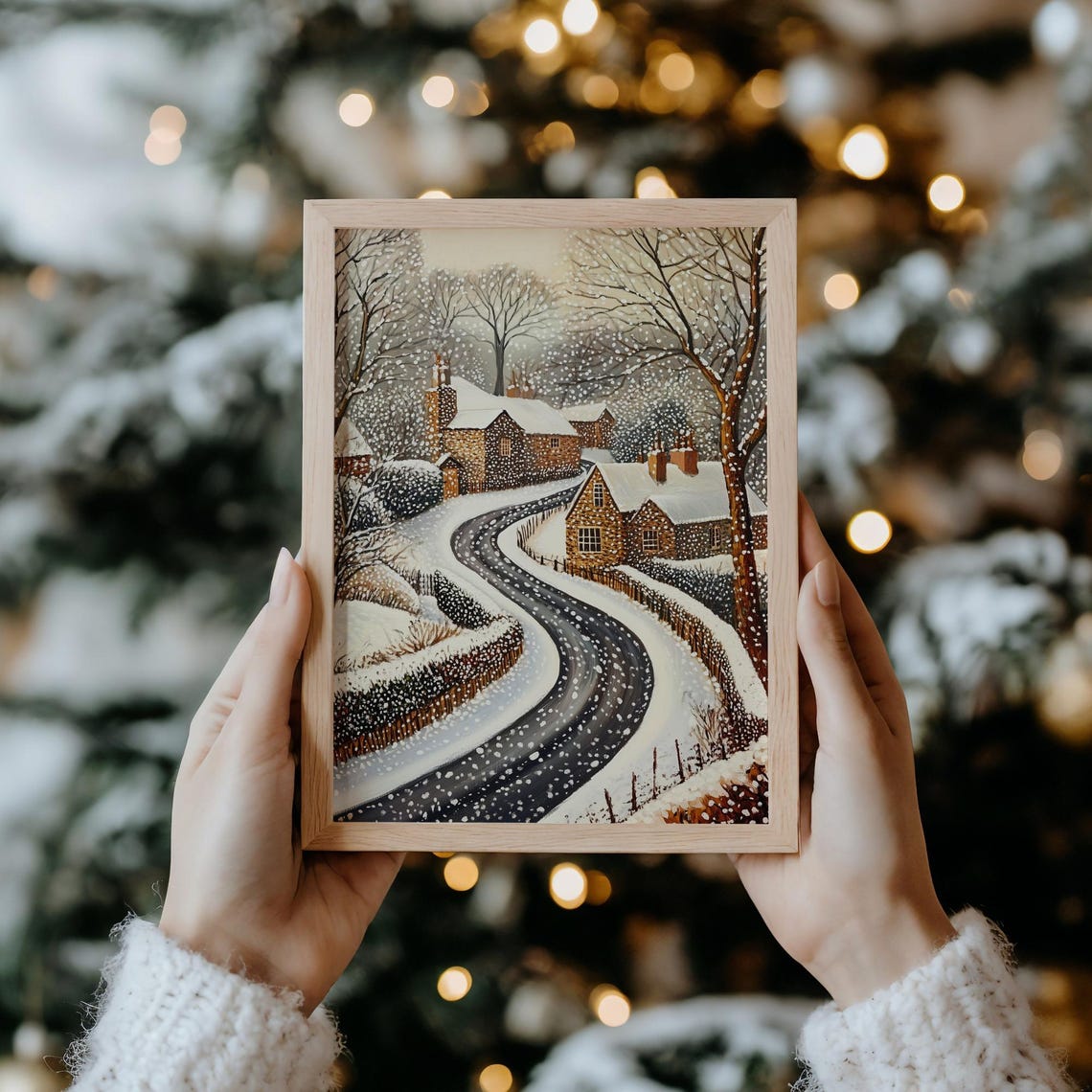 Snowy Winding Road Brick Cottages Falling Snow Winter Scene Poster - Image 6