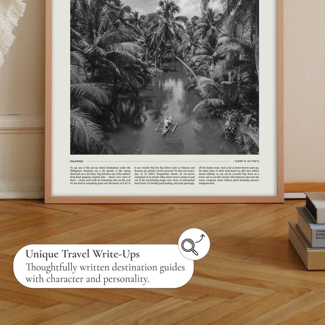 Philippines Black White Palm River Boat Tropical Scene Poster - Image 2