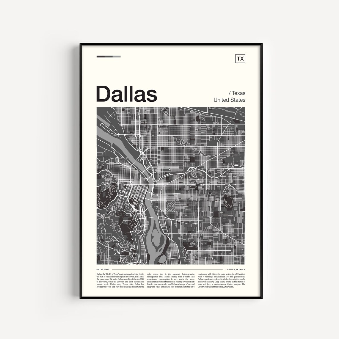 Dallas Texas Street Map Grayscale City Cartography Art Poster Gift