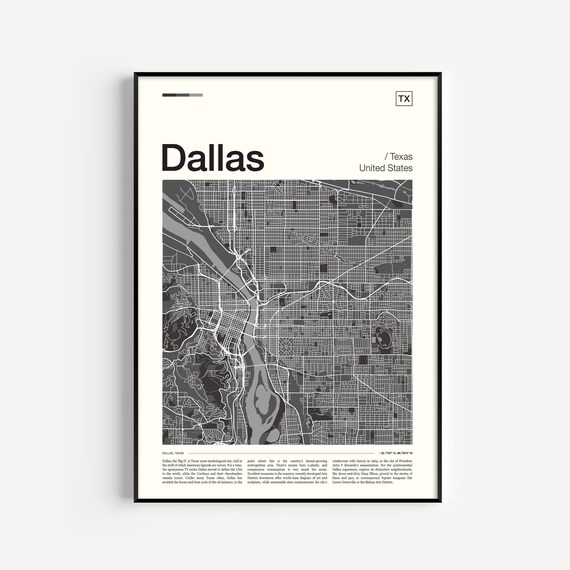 Dallas Texas Street Map Grayscale City Cartography Art Poster Gift