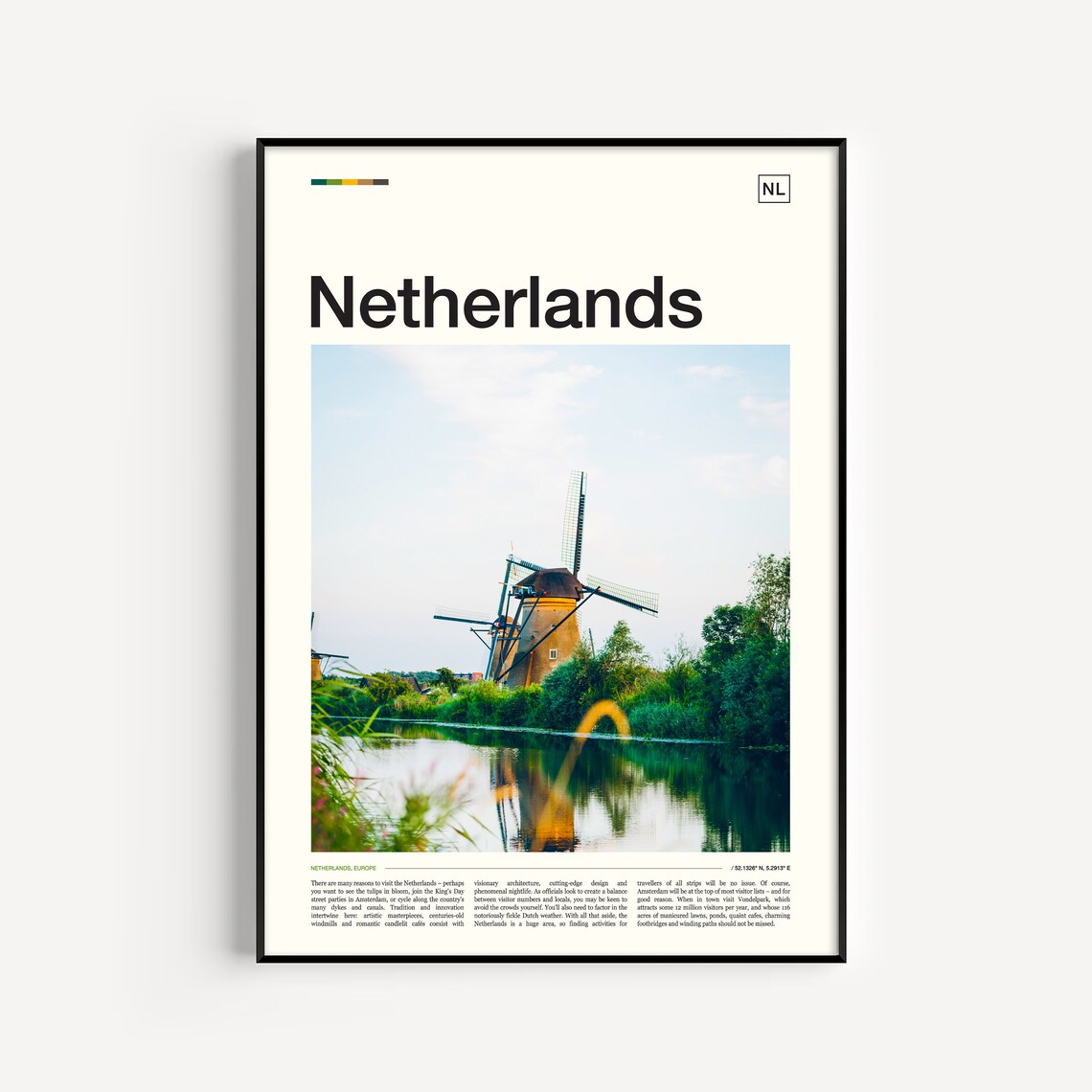 Netherlands Windmill Canal Reflection Countryside Photo Travel Poster