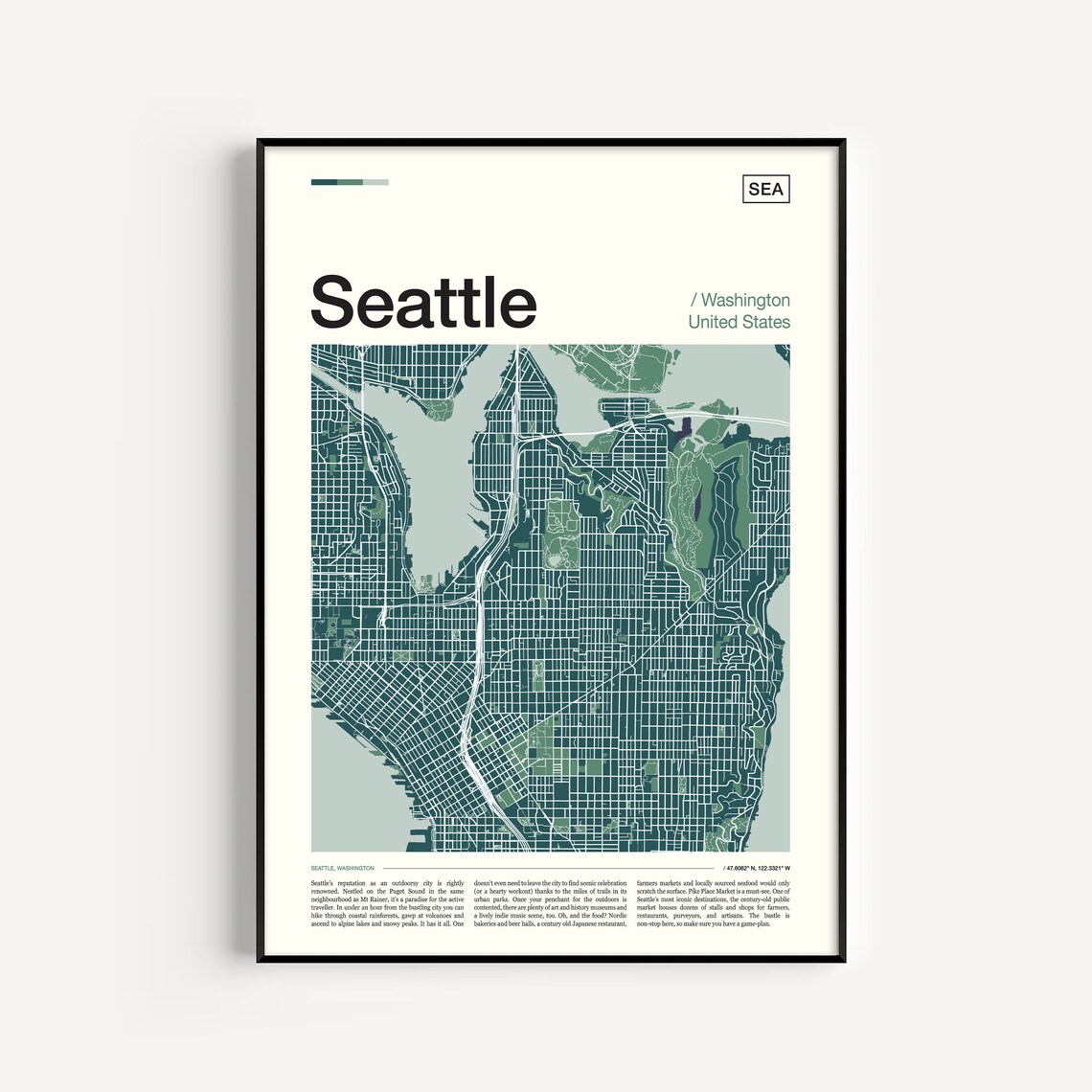 Seattle Washington Street Map Teal Green City Cartography Art Poster