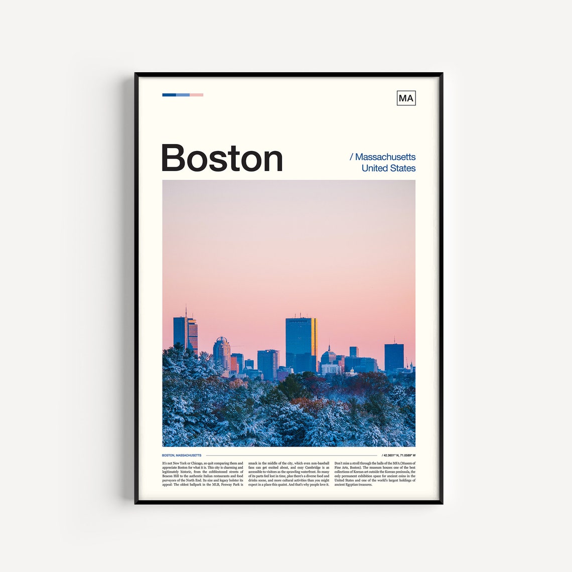 Boston Massachusetts Winter Skyline Sunset Snow City Travel Poster