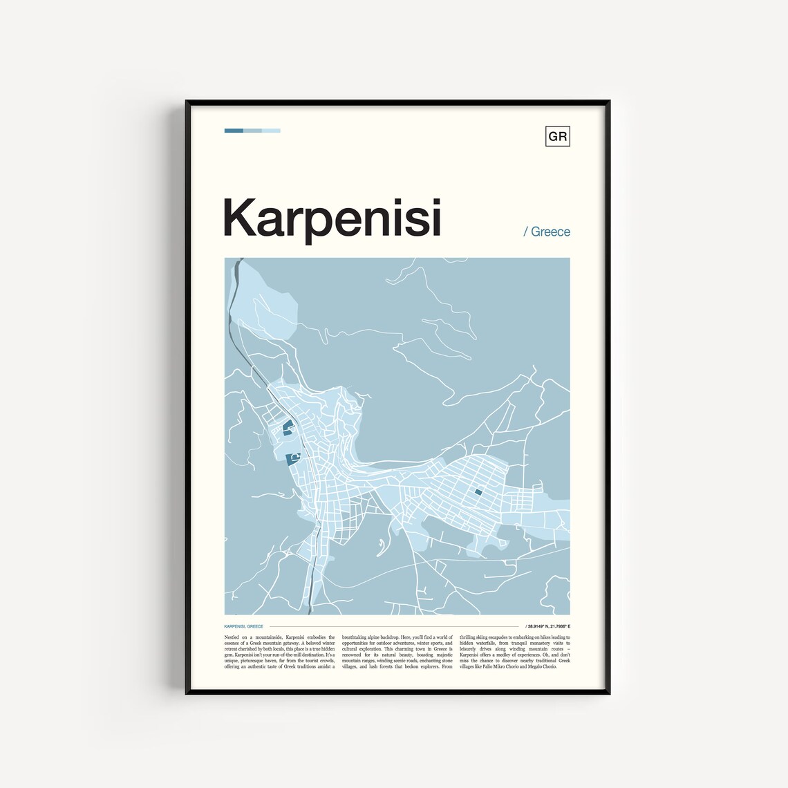 Karpenisi Greece City Street Map Blue Minimalist Travel Art Poster