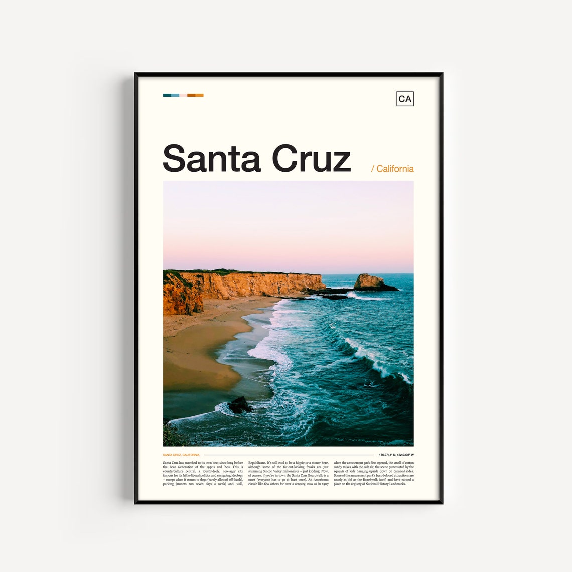 Santa Cruz California Beach Cliffs Sunset Waves Photo Poster