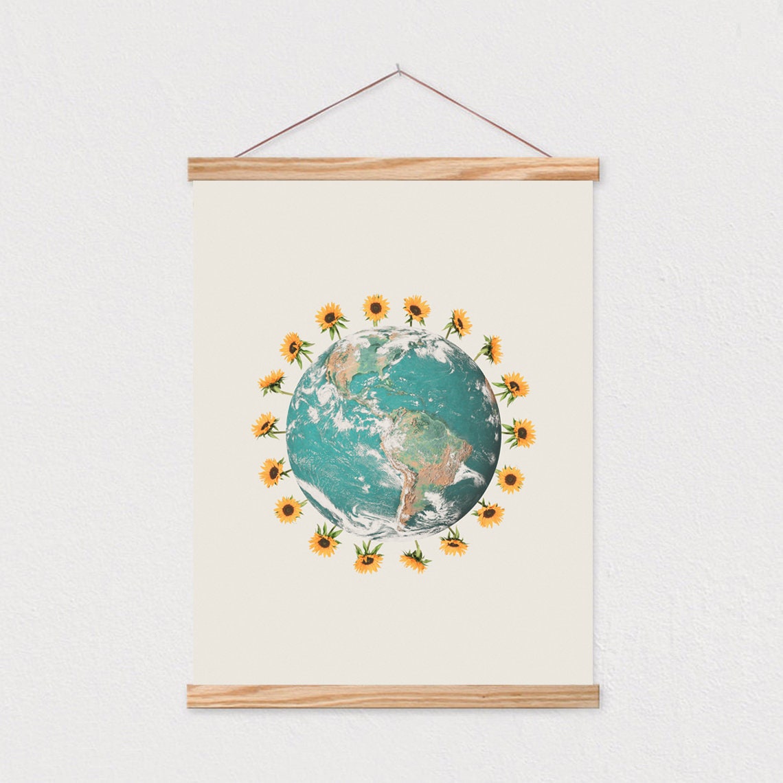 Earth Globe Ringed with Bright Sunflowers Botanical Artwork Poster