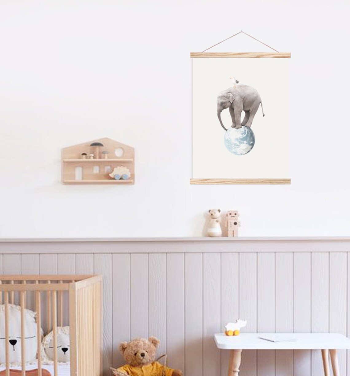 Elephant Balancing On Earth Globe With Seagull Whimsical Nursery Poster
