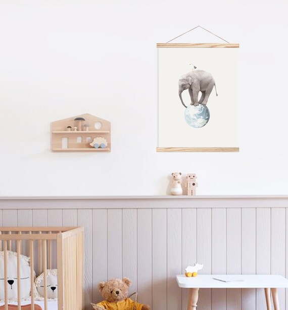 Elephant Balancing On Earth Globe With Seagull Whimsical Nursery Poster