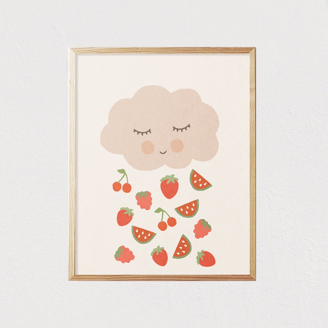 Cloud With Fruit Rain Neutral Boho Kids Art Kids Playroom Art Earth Tones Nursery Interior Decor Mid Century File 16x20