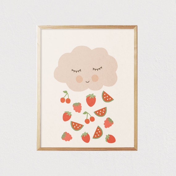 Cloud With Fruit Rain Neutral Boho Kids Art Kids Playroom Art Earth Tones Nursery Interior Decor Mid Century File 16x20
