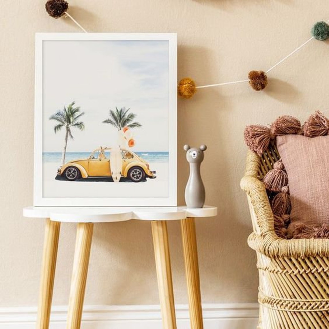 Yellow Vintage Beetle Car At Beach With Surfboard Palm Trees Poster