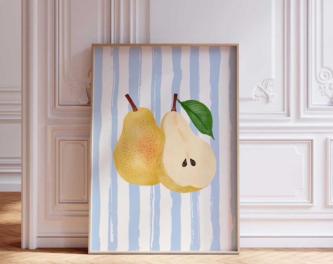 Golden Pears Illustration on Blue and White Striped Kitchen Art Poster