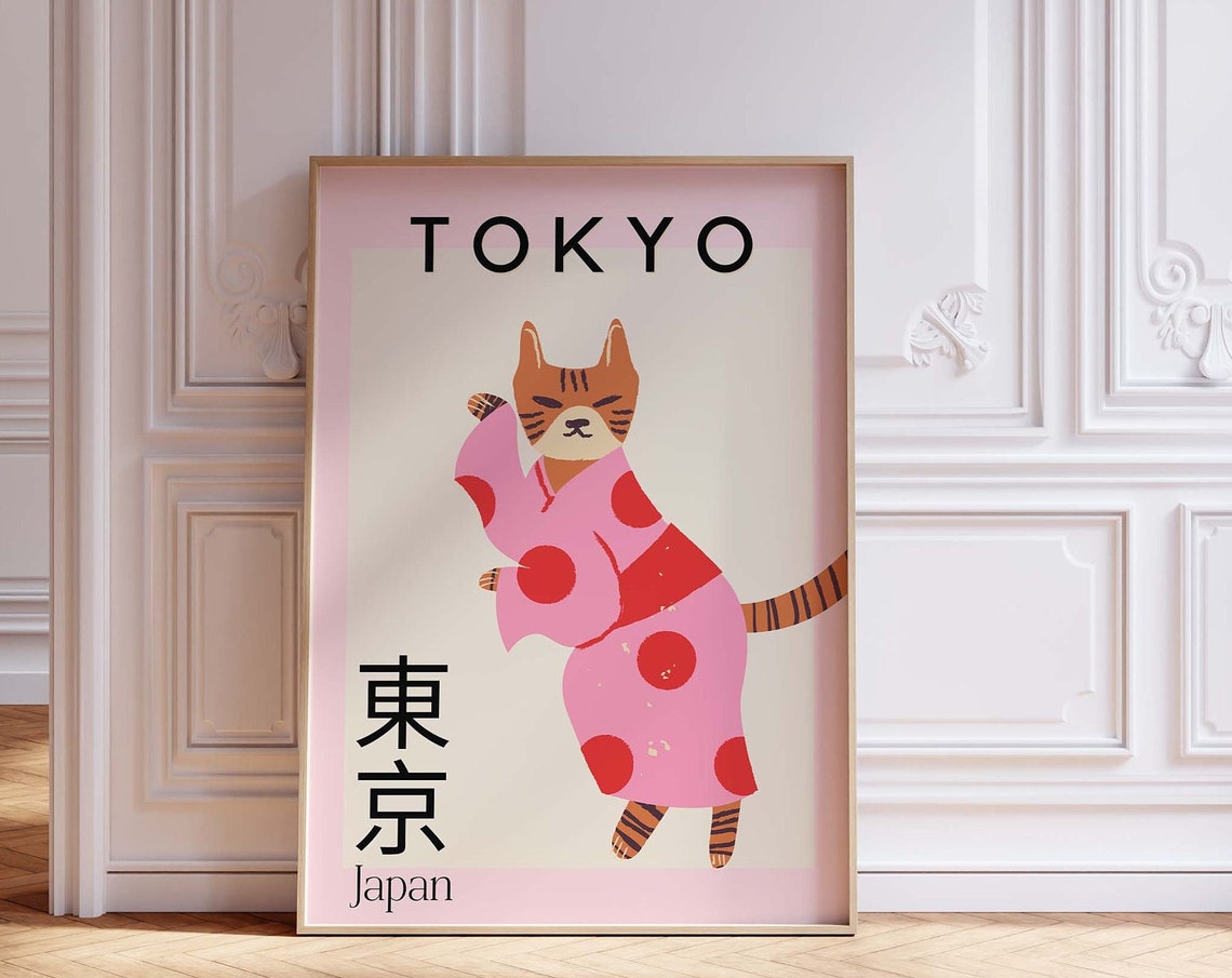 Tokyo Japan Cat in Kimono Illustrated Travel Poster in Pink Tones