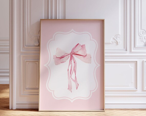 Pink Watercolor Bow With Long Ribbons Scalloped Frame Poster