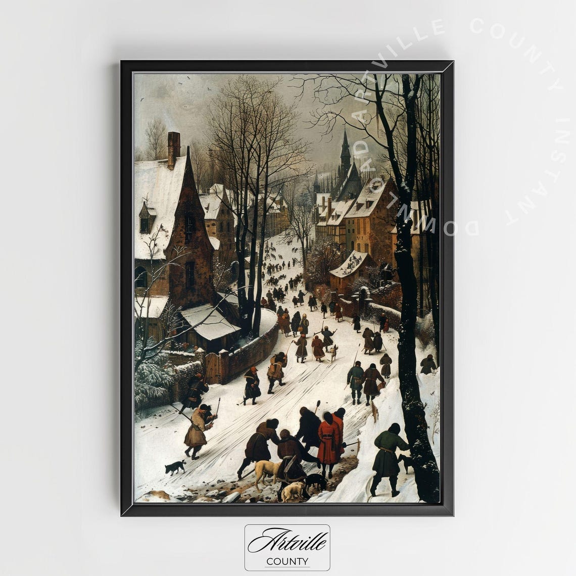 Vintage Winter Village Snowy Landscape Print With People And Dogs Traditional European Street Historical Wall Art - Image 2