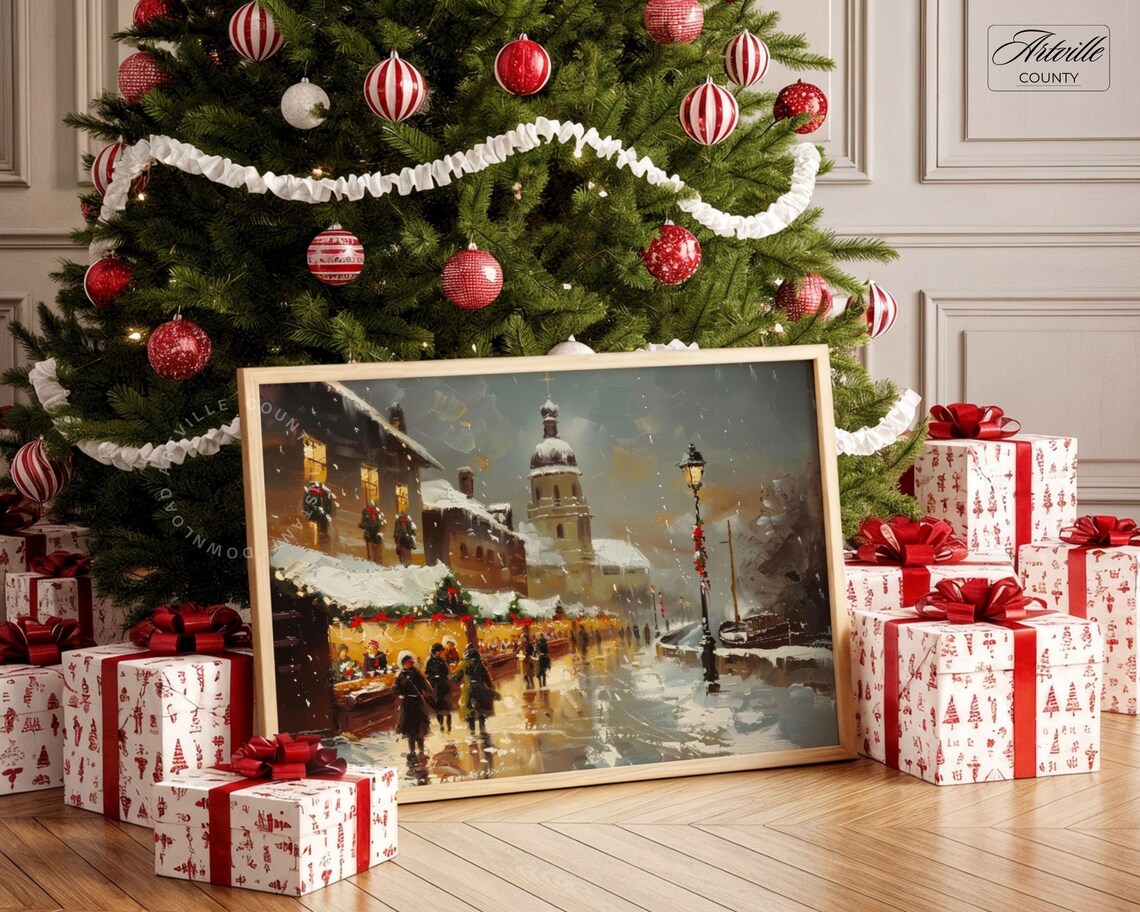 Vintage Snowy Christmas Market Street Night Holiday Painting Poster