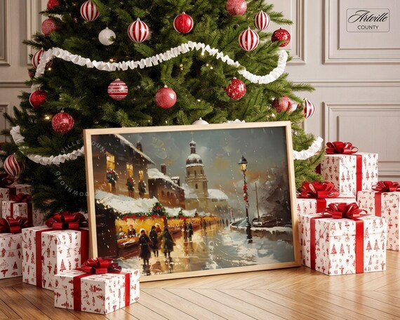 Vintage Snowy Christmas Market Street Night Holiday Painting Poster