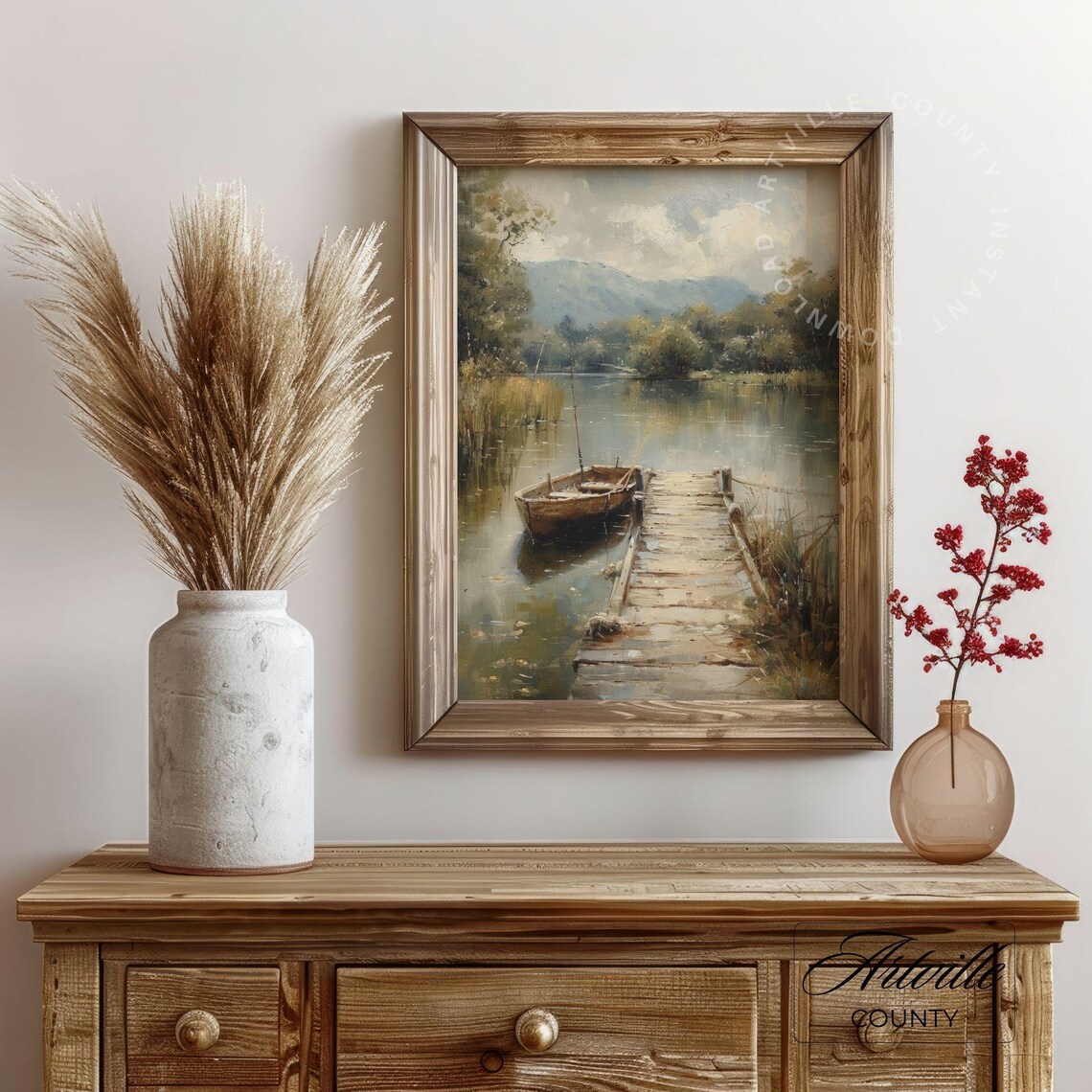 Fishing Boat Oil-Painting Vintage Farmhouse Landscape - Image 4