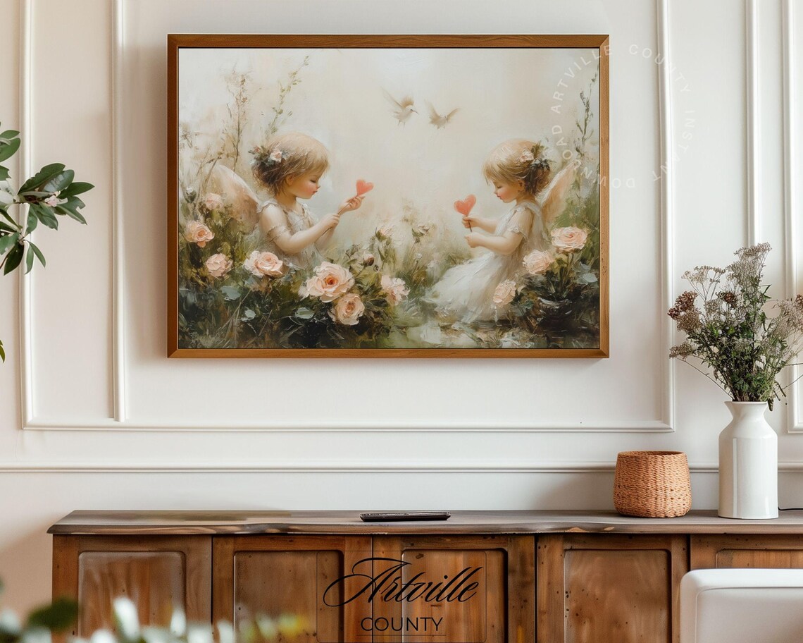 Two Angels Roses Heartwarming Vintage Nursery Painting Poster - Image 4