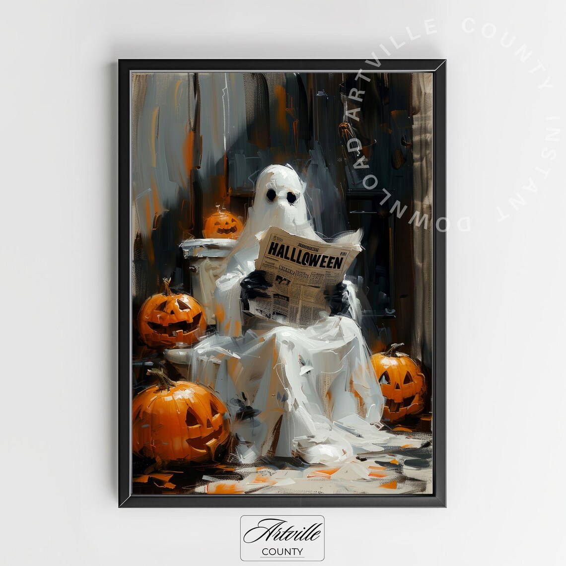 Ghost Reading Spooky News Halloween Pumpkin Bench Gothic Poster - Image 3