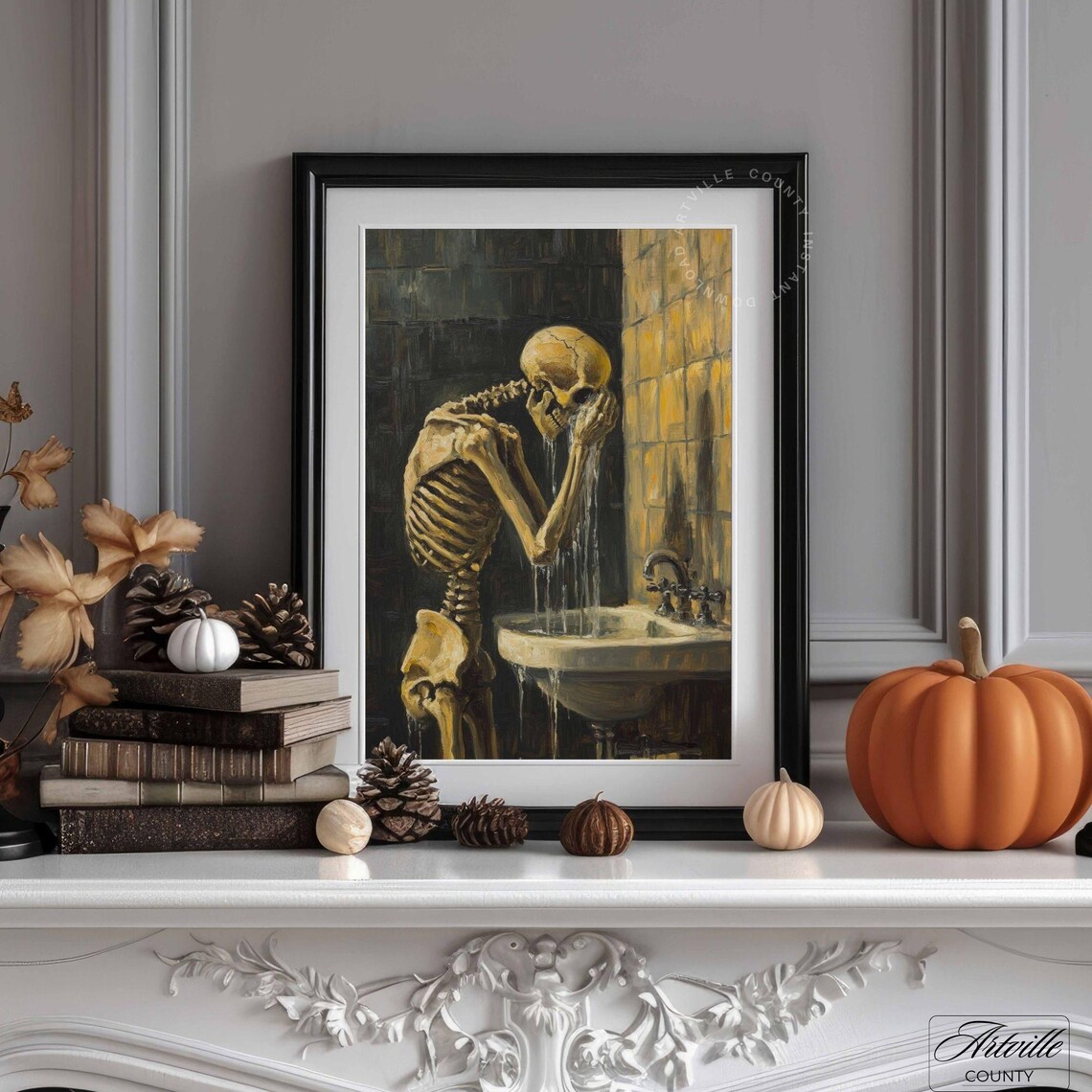 Skeleton Bathroom Art Print, Gothic Halloween Decor