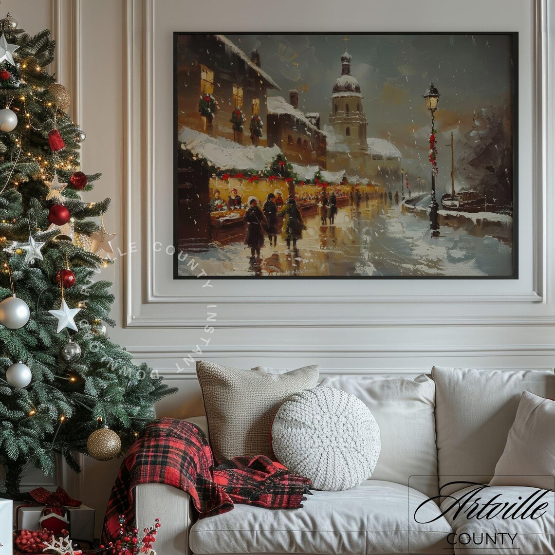 Snowy European Christmas Market with Church Winter Scene Poster - Image 3