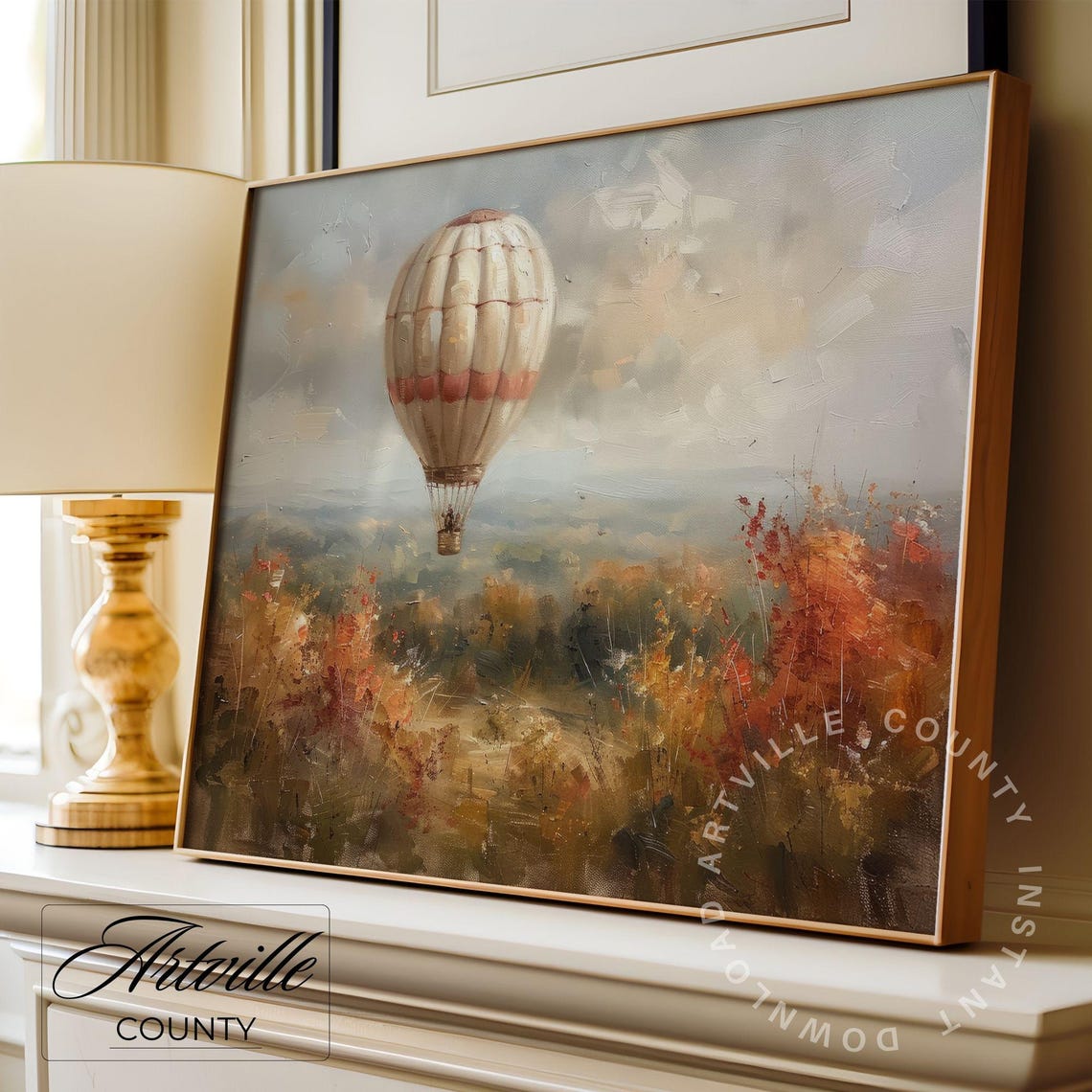 Vintage Hot Air Balloon Floating Over Golden Autumn Fields Poster - Image 3