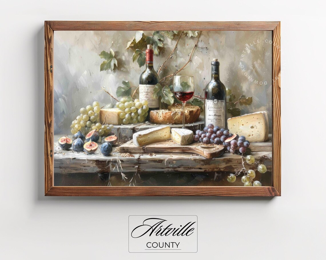 Wine Cheese Painting, Vintage Farmhouse Wall Art - Image 3