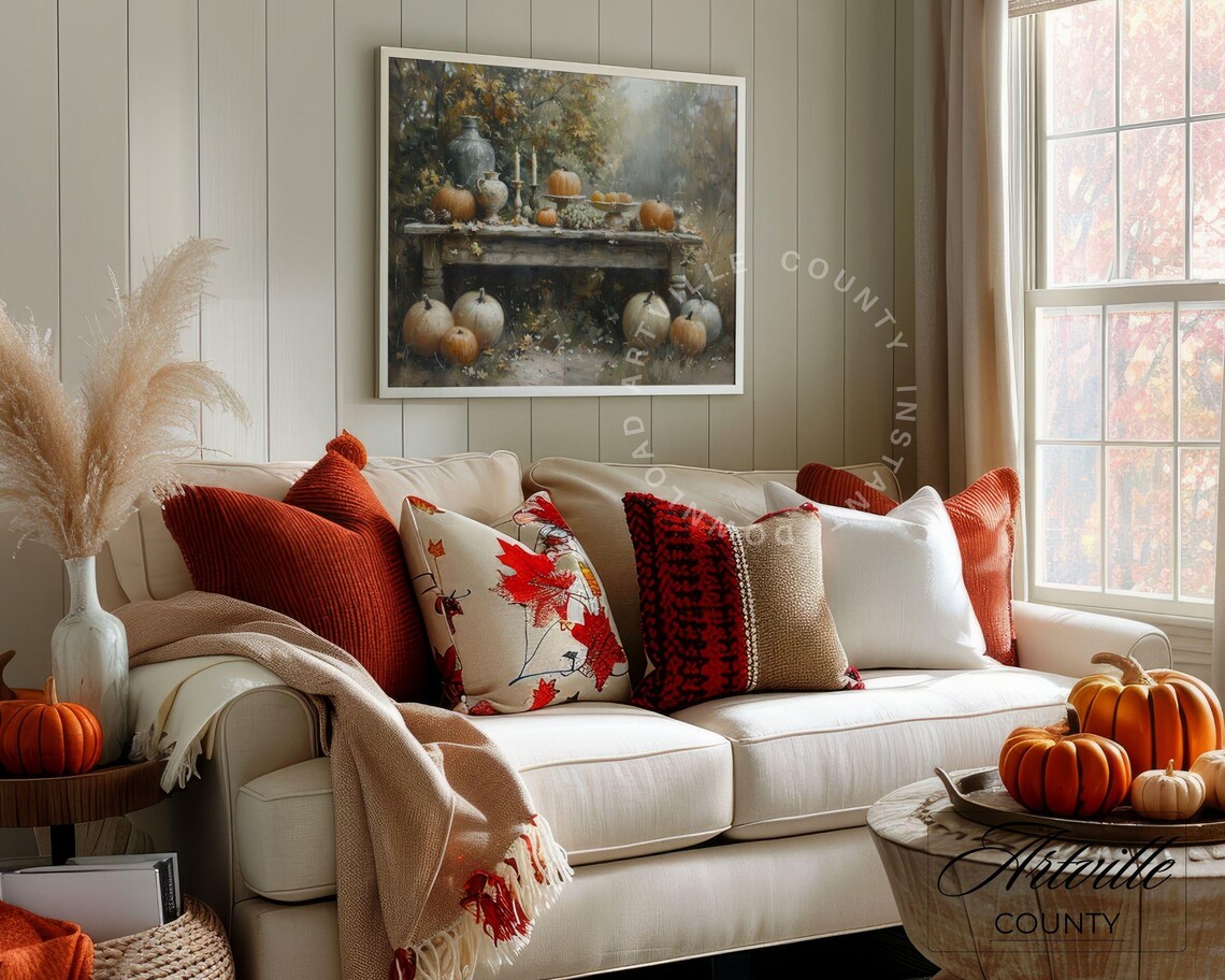 Autumn Harvest Table Outdoors Pumpkins Candles Still Life Poster - Image 4