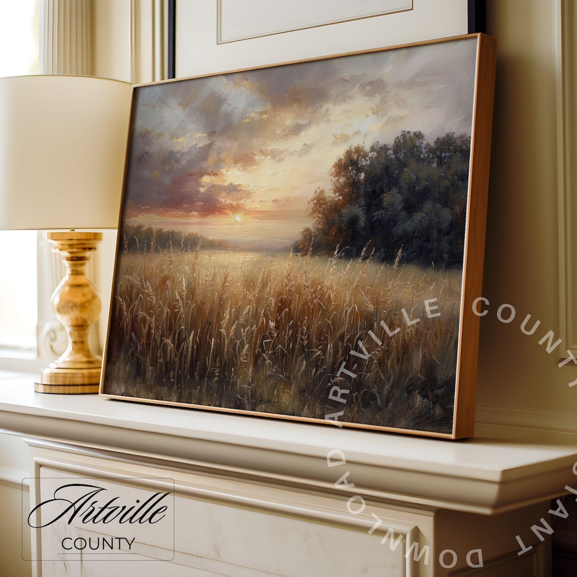 Vintage Country Landscape Painting, Rustic Autumn Sunset - Image 2