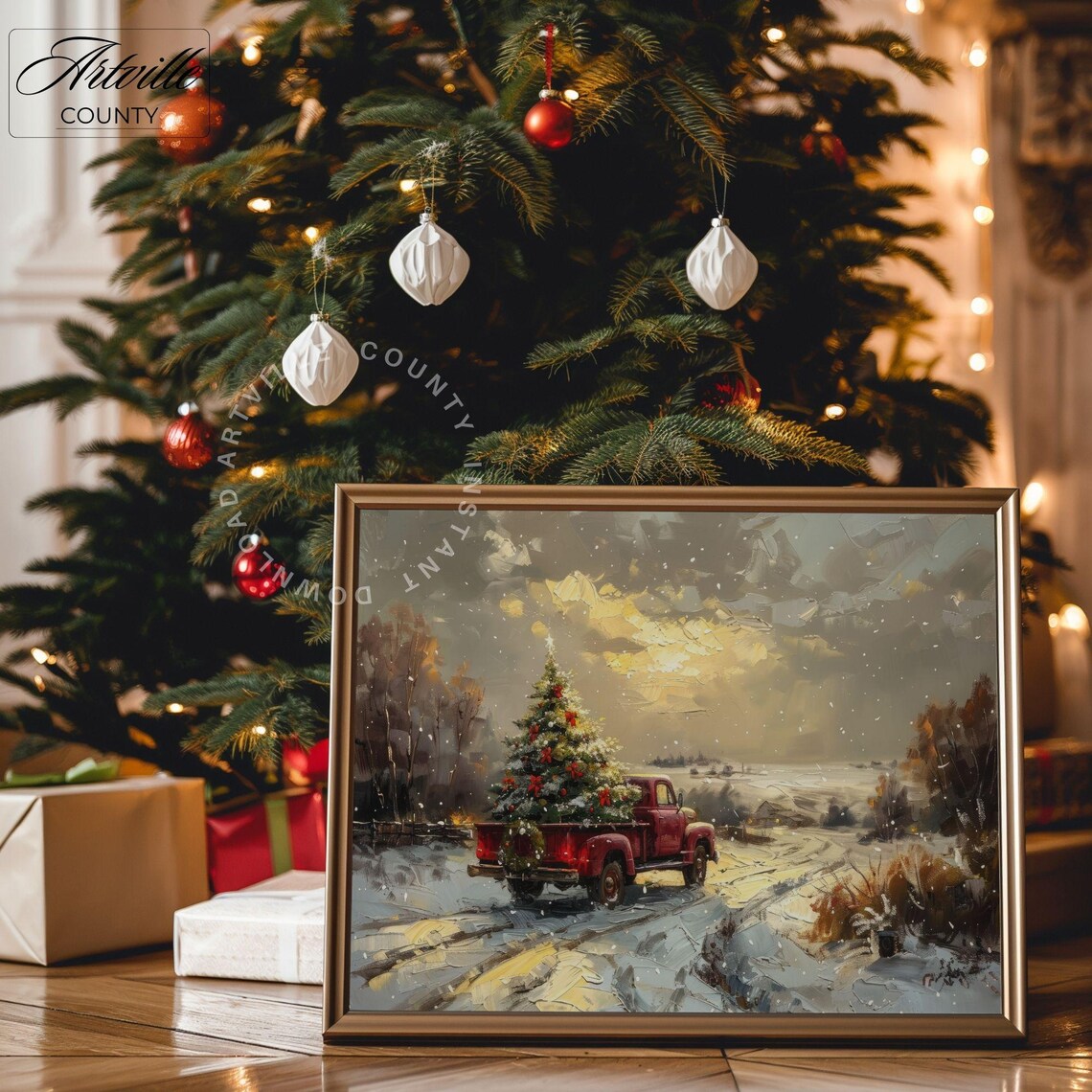 Red Vintage Truck Carrying Christmas Tree On Snowy Road Poster - Image 3