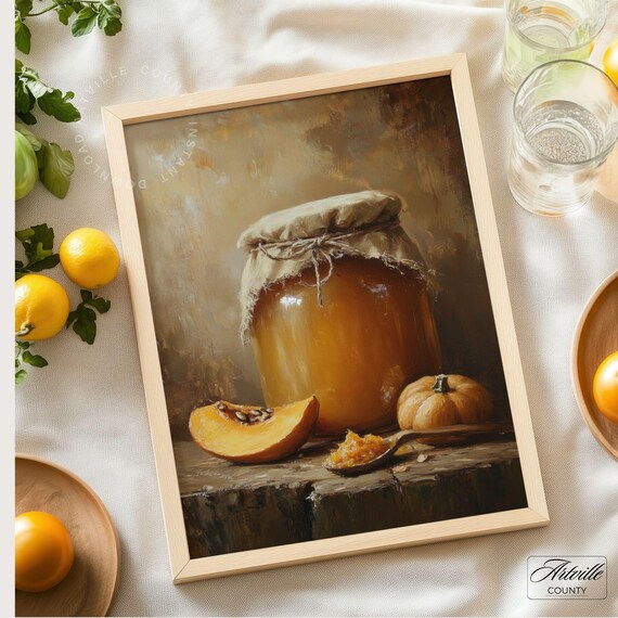 Pumpkin In Jar Painting Cottage Kitchen Wall Art Vintage Canned Food Still Life Print Farmhouse Decor