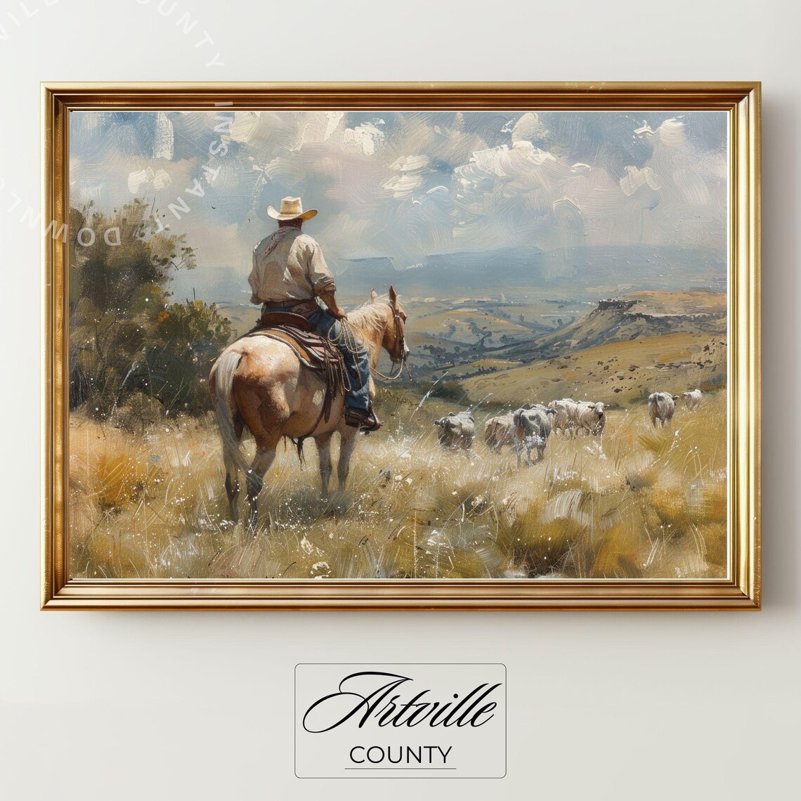 Cowboy on Horseback Watching Cattle Western Frontier Oil Poster
