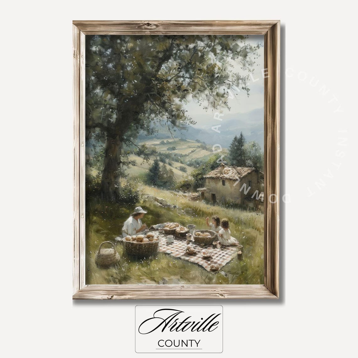 Countryside Picnic Oil Painting Cottagecore Art Print Farmhouse Wall Art Nature Vintage Print Family Picnic Wall Art