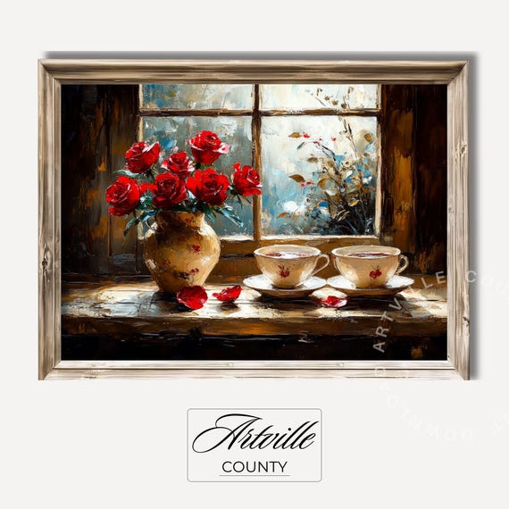 Moody Flowers Wall Art Vintage Dark Floral Painting Teacups Wall Art Antique Rose Painting Still Life Print