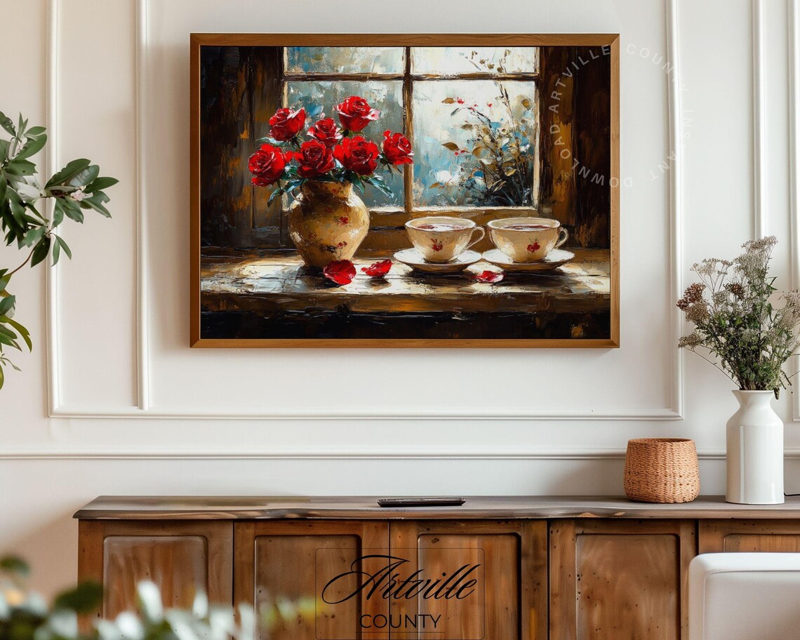 Red Roses Teacups Moody Vintage Kitchen Still Life Painting Poster - Image 2