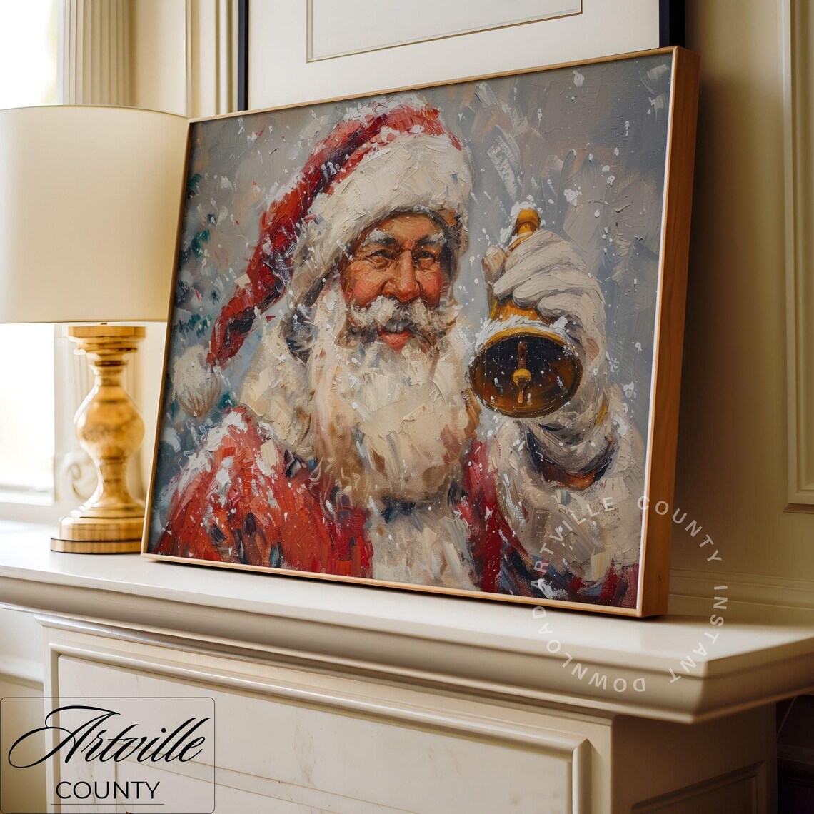 Jolly Santa Claus with Bell Snowfall Vintage Christmas Poster - Image 3