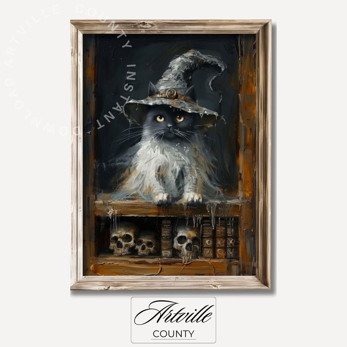 Black Cat in Witch Hat on Spell Bookshelf Skull Halloween Poster