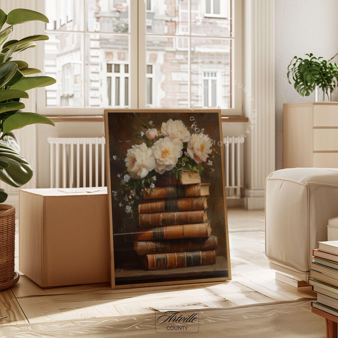 Vintage White Peonies on Antique Books Dark Floral Oil Painting Poster