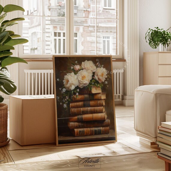 Vintage White Peonies on Antique Books Dark Floral Oil Painting Poster