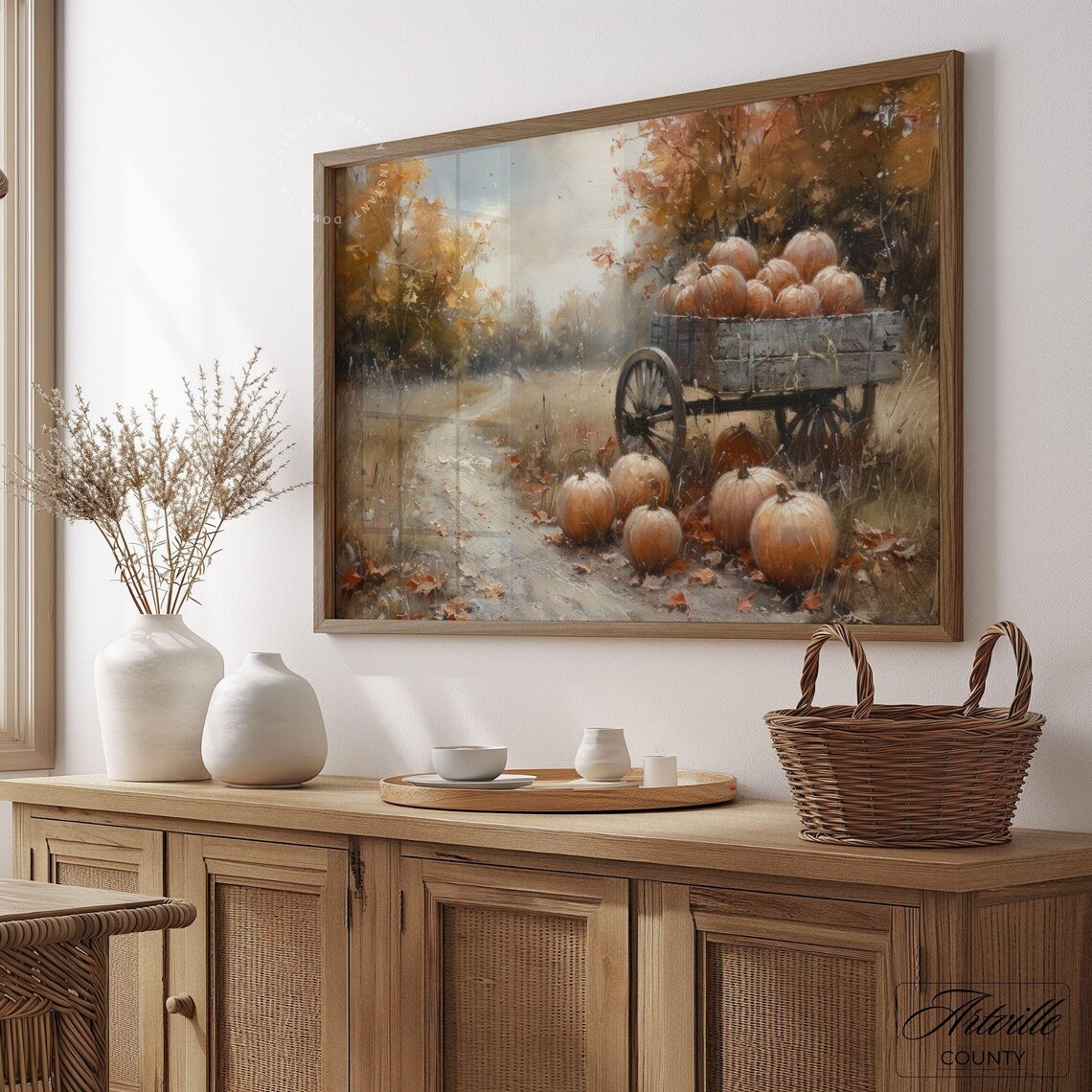 Pumpkin Cart Autumn Art Print, Rustic Farmhouse