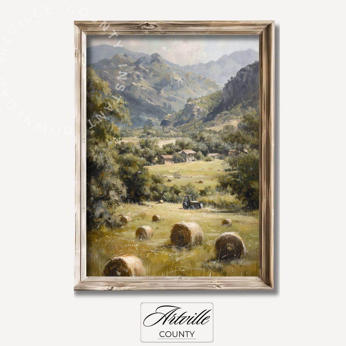 Country Landscape Painting Tractor in Field, Farmhouse