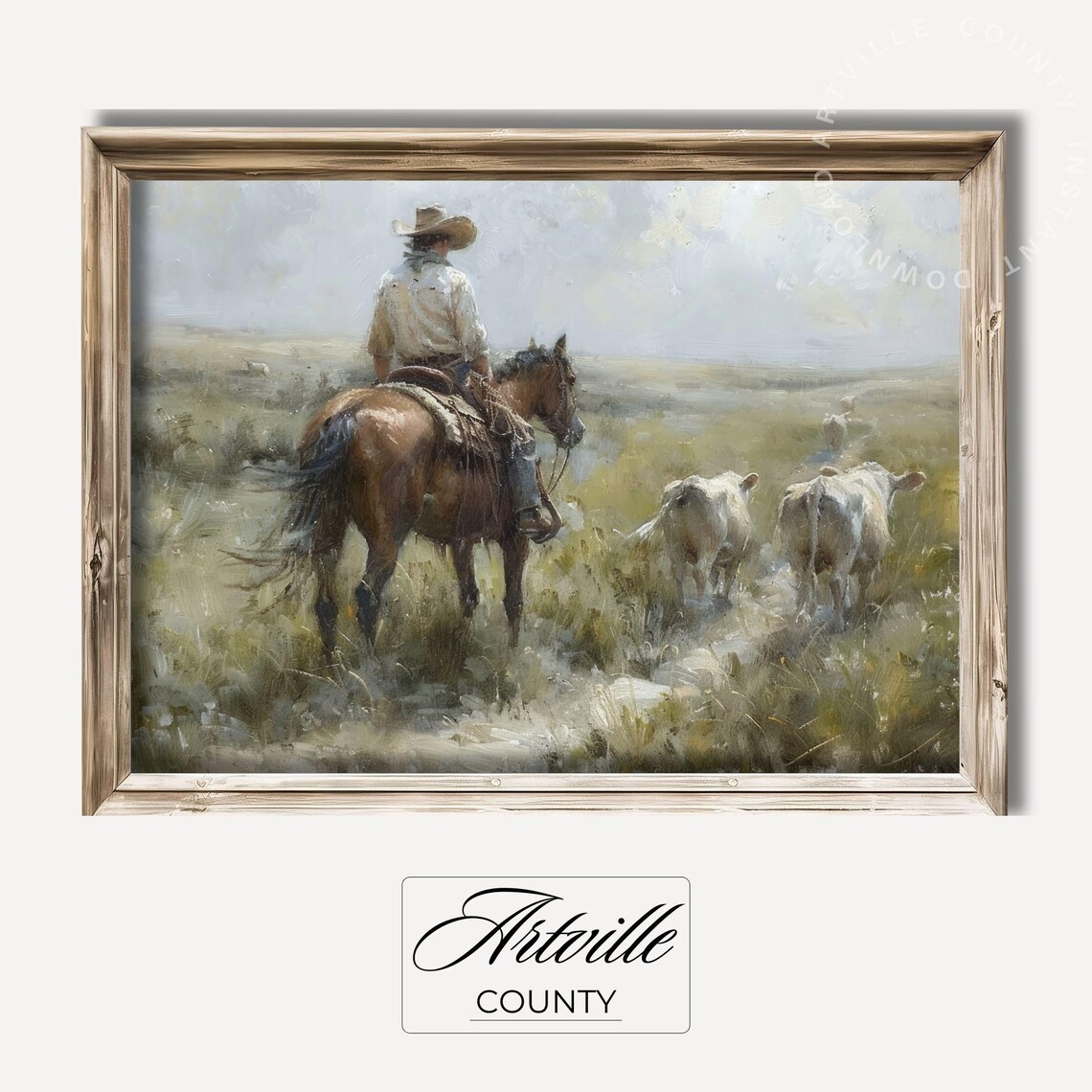 Cowboy Herding Cattle On Horseback Vintage Western Wall Poster