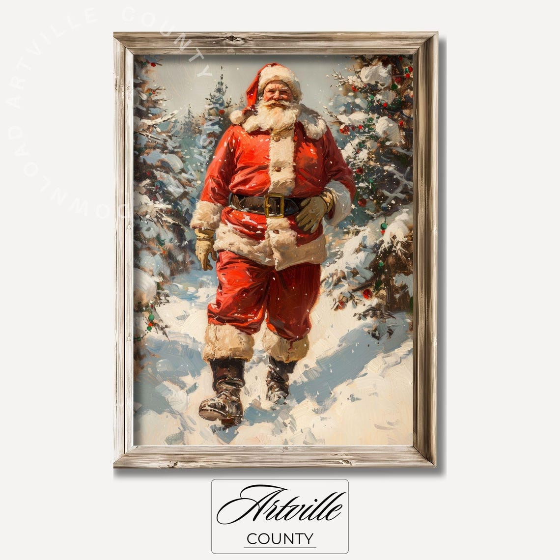 Classic Santa Walking Snowy Pine Forest Vintage Christmas Scene Poster