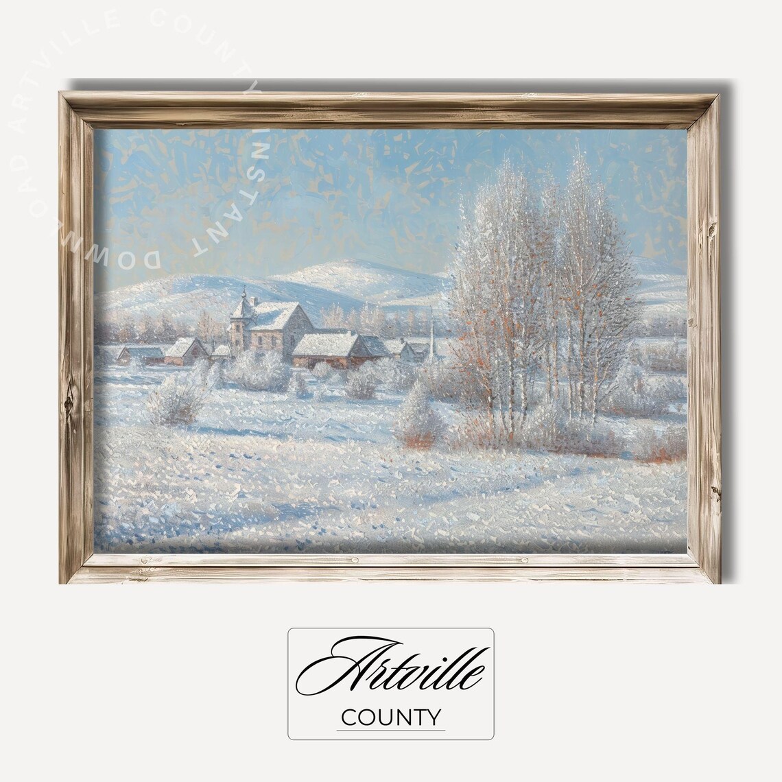 Snow Covered Village Church in Frosted Winter Landscape Poster