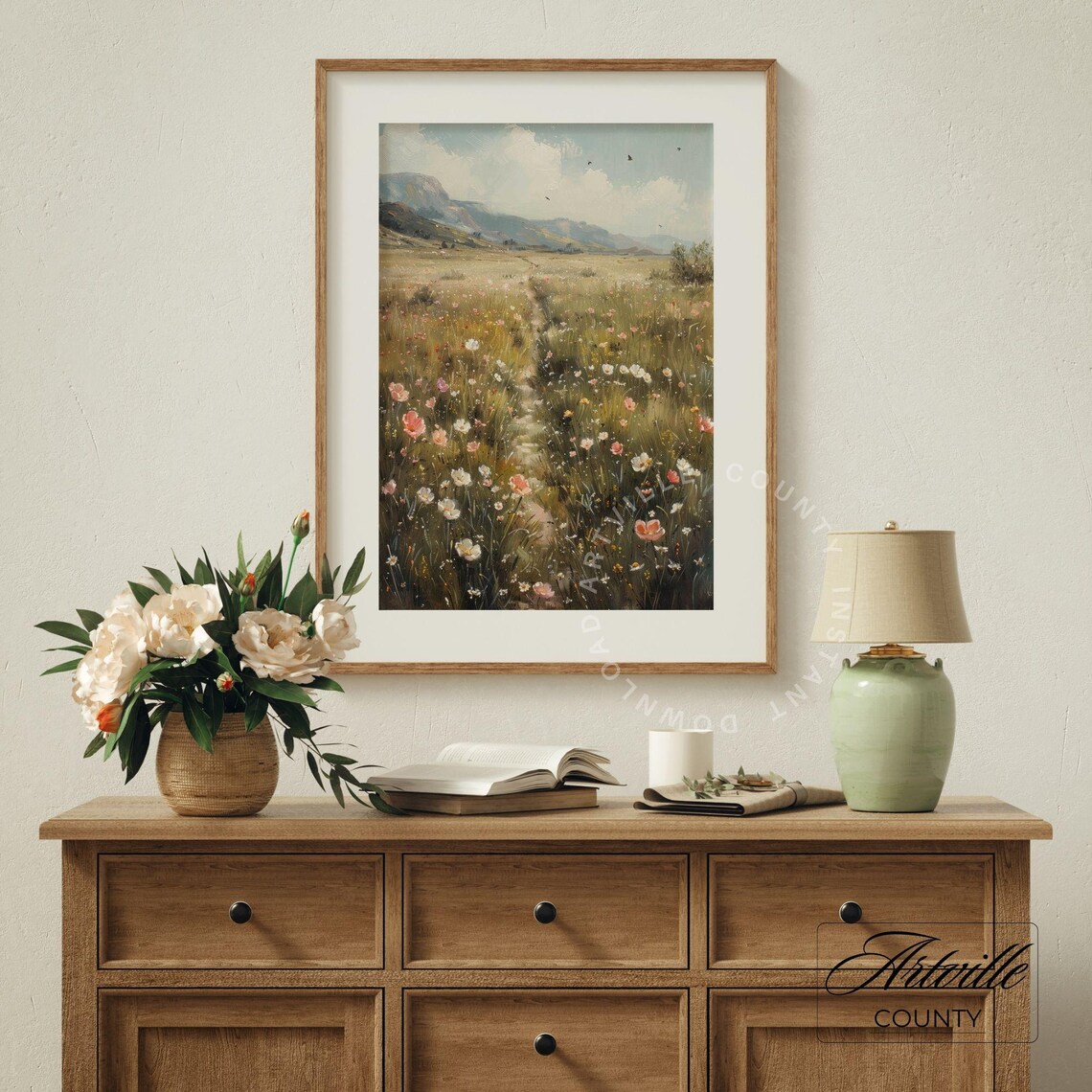 Wildflower Field Painting Vintage Country Landscape Art Print - Image 4