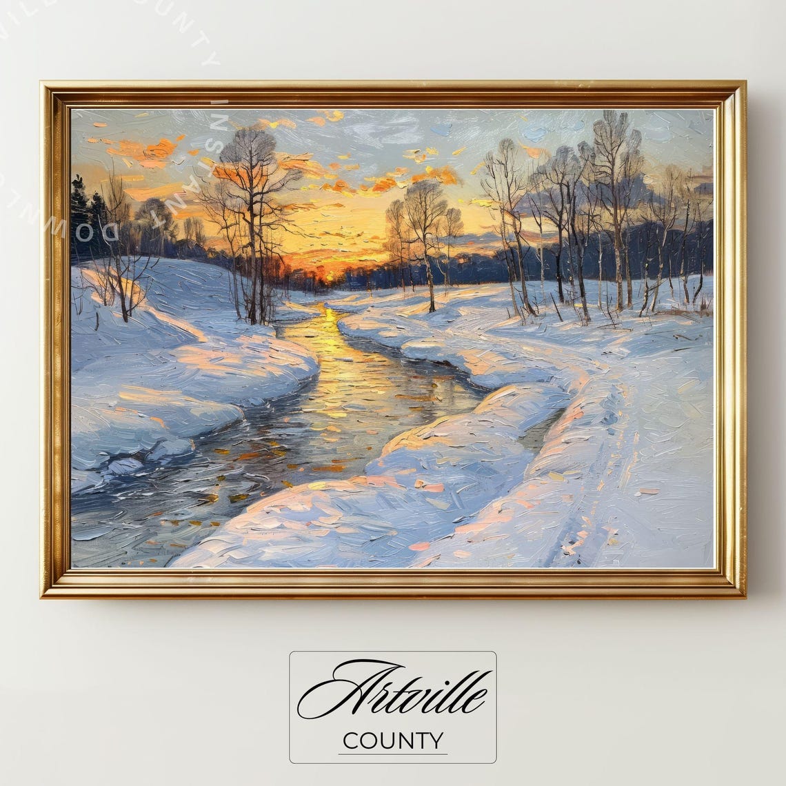 Golden Sunset Winter River Snowy Meadow Impressionist Art Poster - Image 2