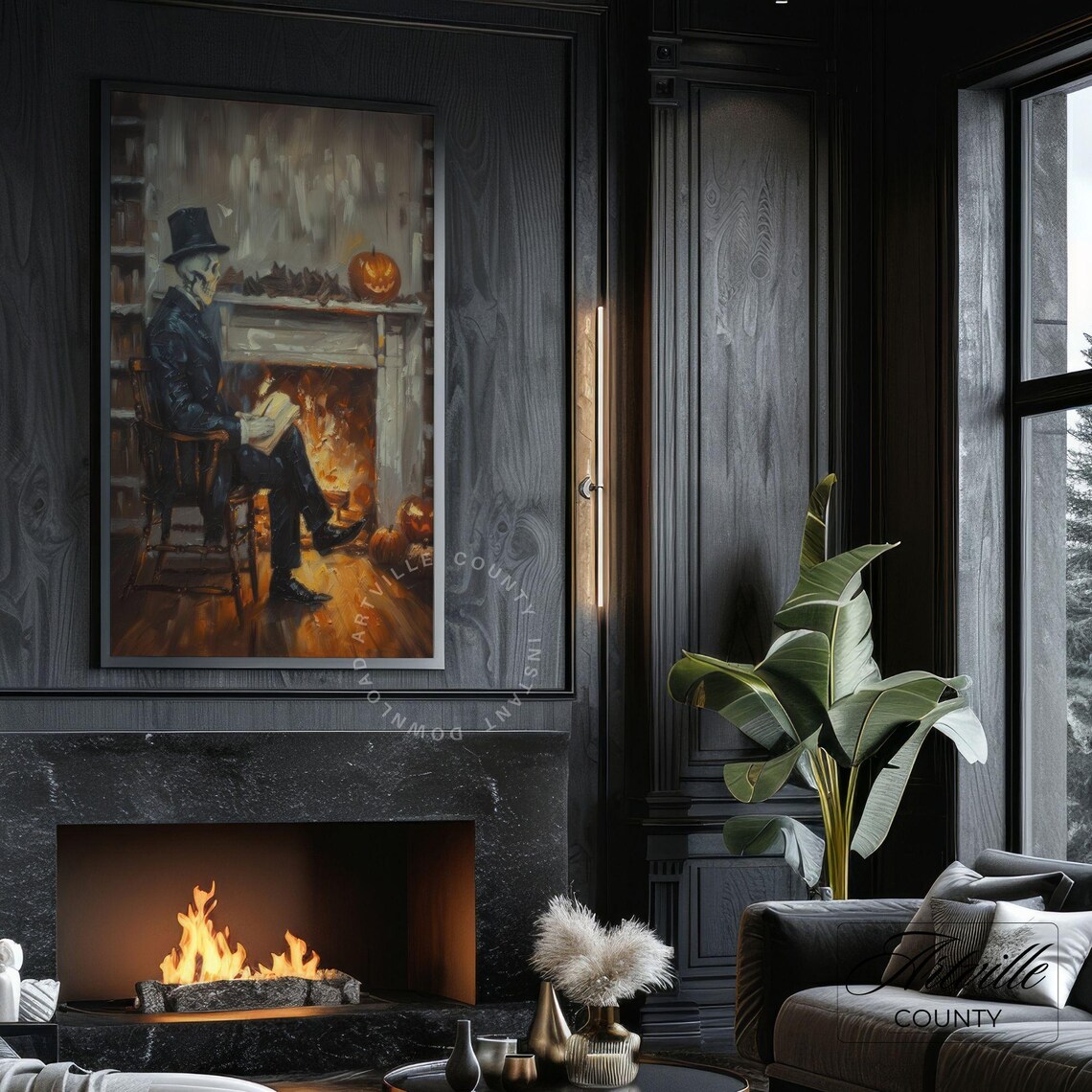 Skeleton Gentleman Reading by Fireplace Halloween Gothic Poster - Image 4