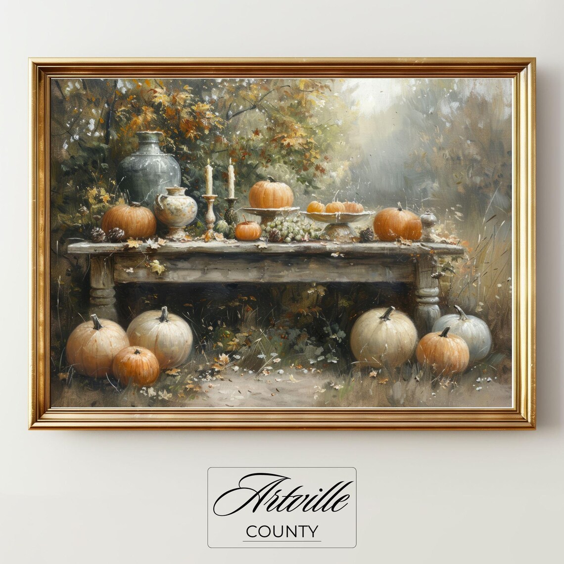 Autumn Harvest Table Outdoors Pumpkins Candles Still Life Poster - Image 2