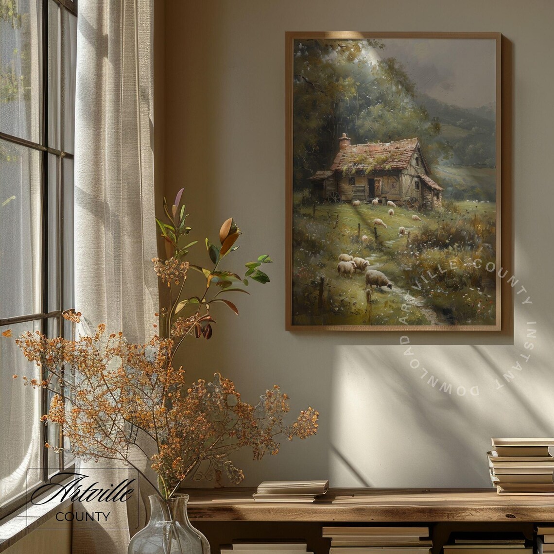 Vintage Cottage Landscape Sheep Grazing Field Art Print - Image 3